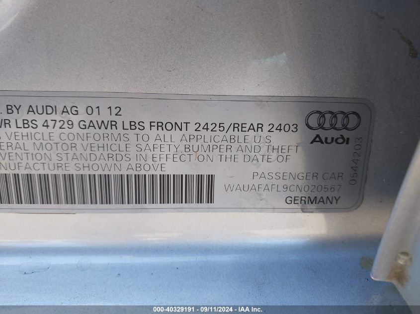 2012 Audi A4 Premium VIN: WAUAFAFL9CN020567 Lot: 40329191