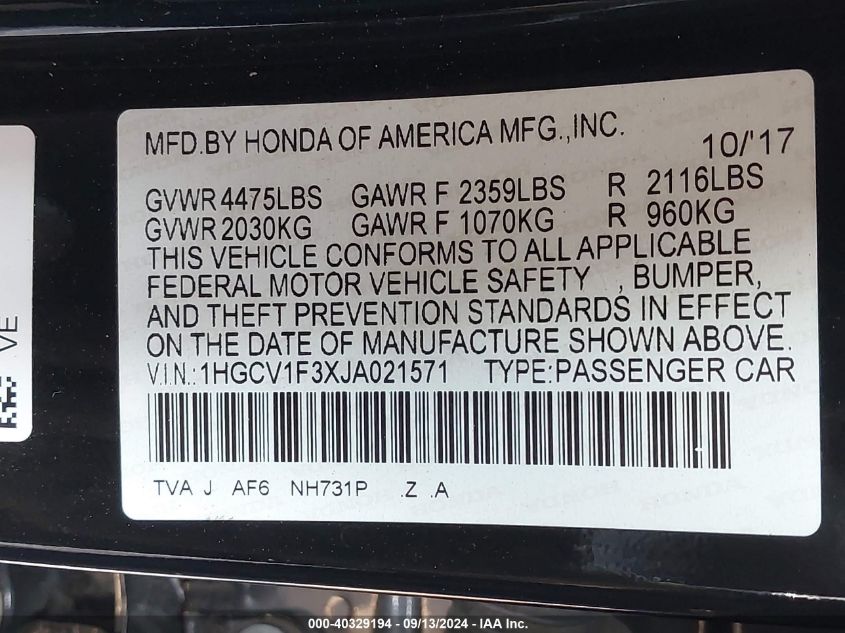 1HGCV1F3XJA021571 2018 Honda Accord Sport