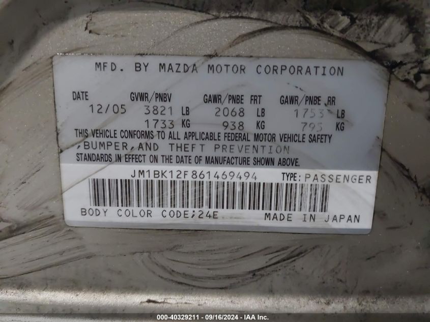 JM1BK12F861469494 2006 Mazda 3 I