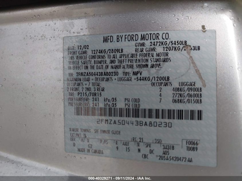 2FMZA50443BA80230 2003 Ford Windstar Standard