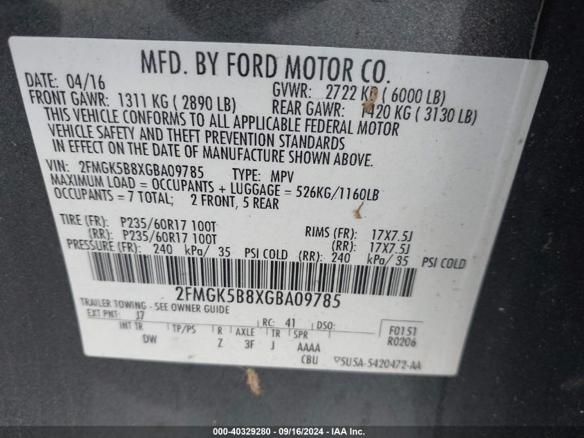 2FMGK5B8XGBA09785 2016 Ford Flex Se