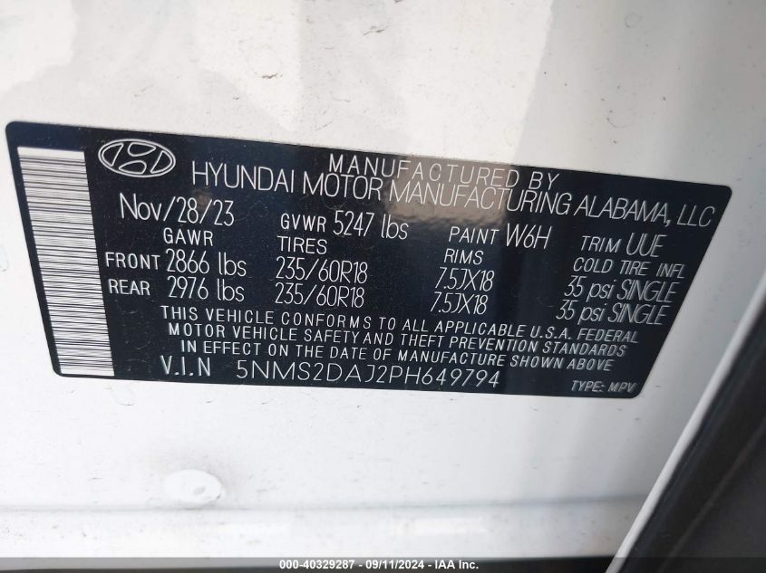 2023 Hyundai Santa Fe Sel VIN: 5NMS2DAJ2PH649794 Lot: 40329287