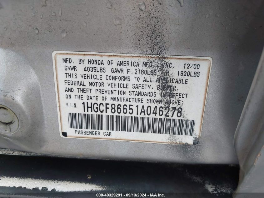 1HGCF86651A046278 2001 Honda Accord Value Package