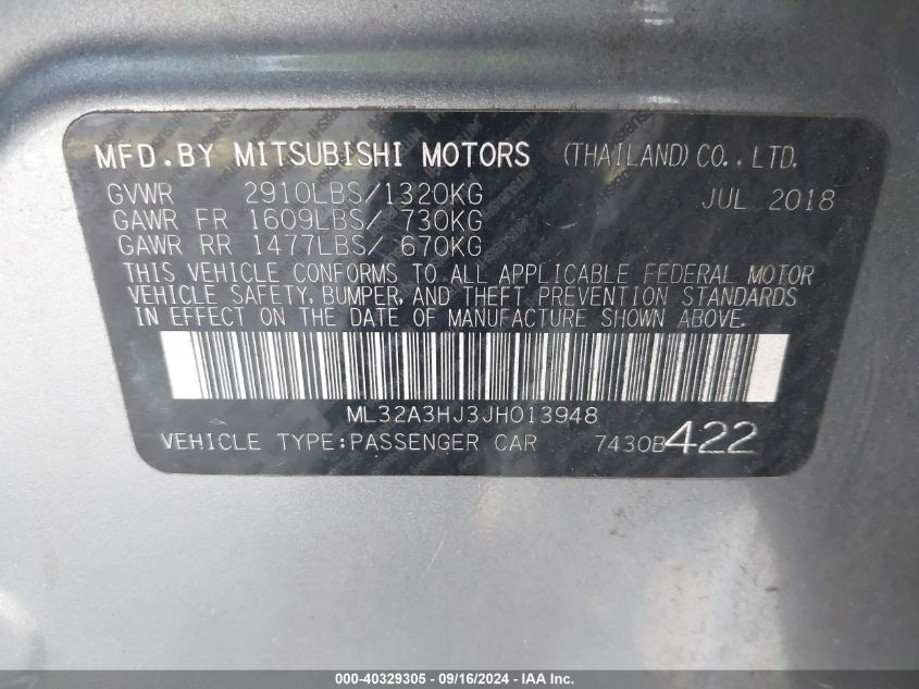 ML32A3HJ3JH013948 2018 Mitsubishi Mirage Es