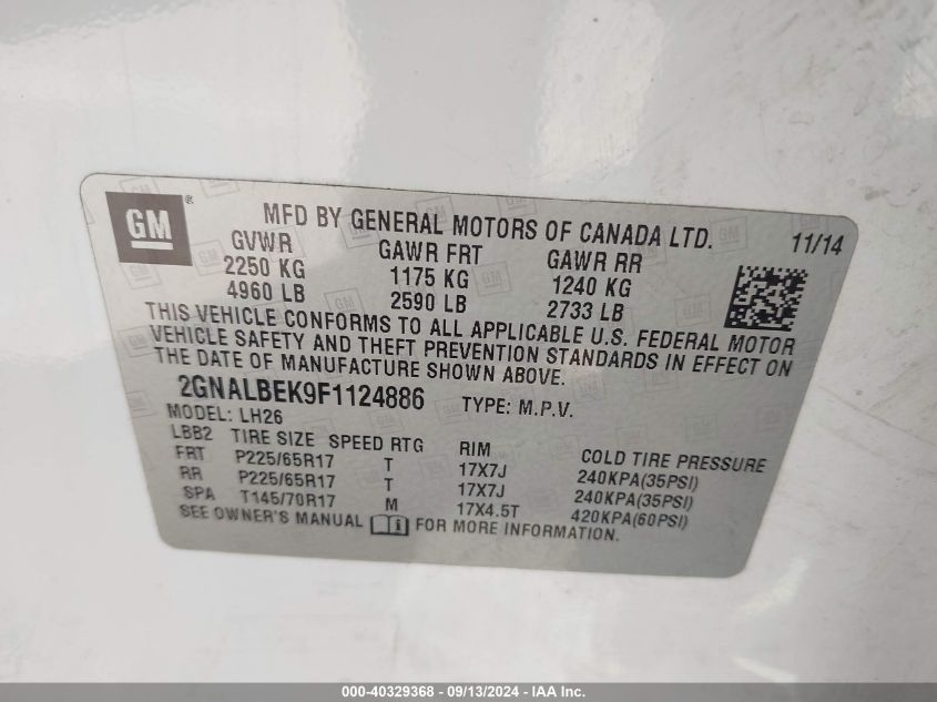 2015 Chevrolet Equinox Lt VIN: 2GNALBEK9F1124886 Lot: 40329368