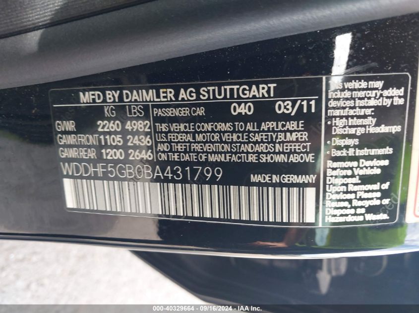 WDDHF5GB0BA431799 2011 Mercedes-Benz E 350