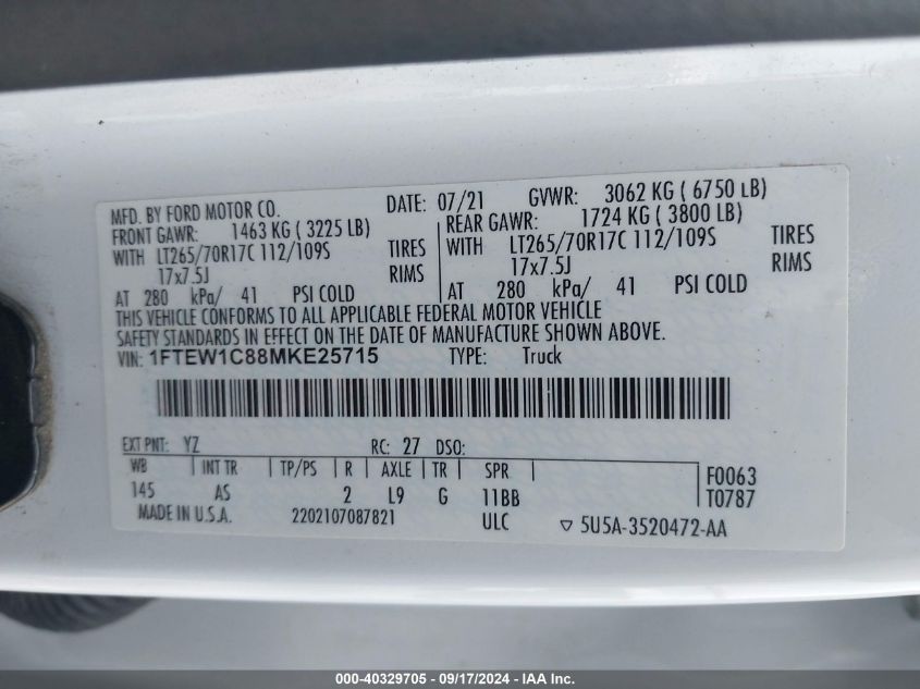 2021 Ford F-150 Xl VIN: 1FTEW1C88MKE25715 Lot: 40329705