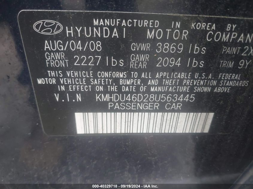 2008 Hyundai Elantra Gls/Se VIN: KMHDU46D28U563445 Lot: 40329718