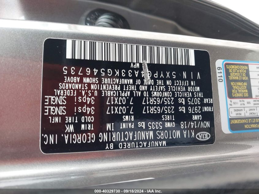 2019 Kia Sorento 2.4L L VIN: 5XYPG4A33KG546735 Lot: 40329730