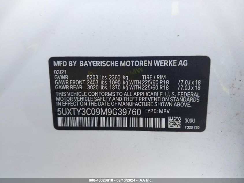 5UXTY3C09M9G39760 2021 BMW X3 Sdrive30I