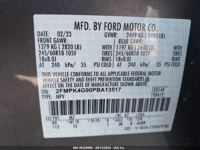 2023 Ford Edge Se VIN: 2FMPK4G90PBA13517 Lot: 40329950