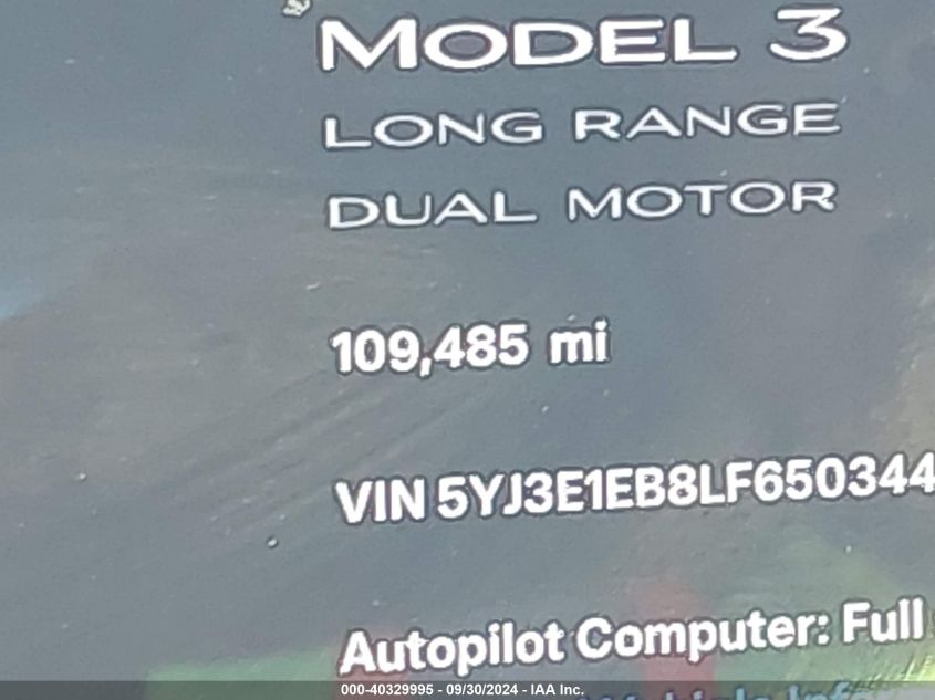 2020 Tesla Model 3 Long Range Dual Motor All-Wheel Drive VIN: 5YJ3E1EB8LF650344 Lot: 40329995