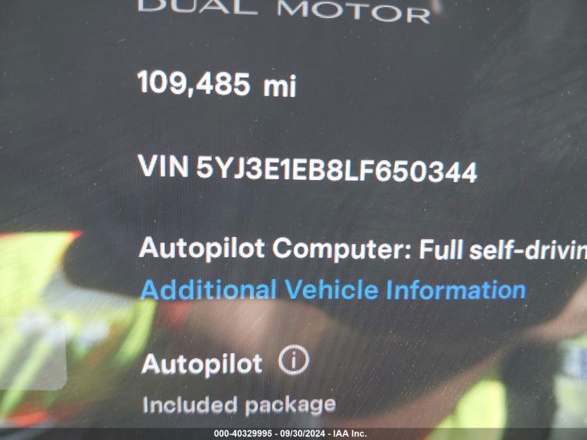 2020 Tesla Model 3 Long Range Dual Motor All-Wheel Drive VIN: 5YJ3E1EB8LF650344 Lot: 40329995