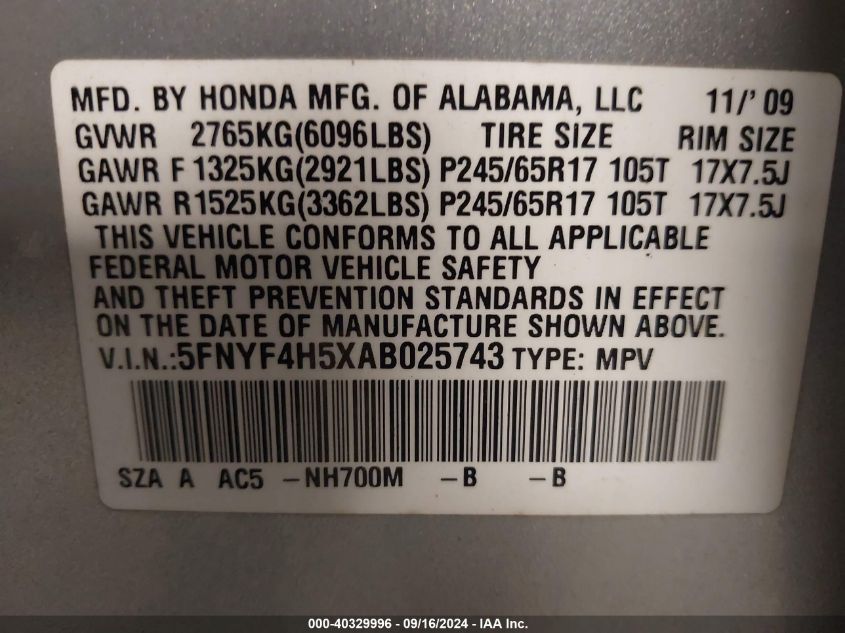 2010 Honda Pilot Ex-L VIN: 5FNYF4H5XAB025743 Lot: 40329996