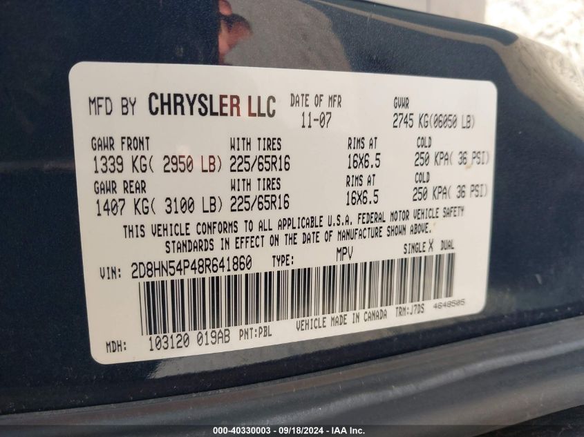 2008 Dodge Grand Caravan Sxt VIN: 2D8HN54P48R641860 Lot: 40330003