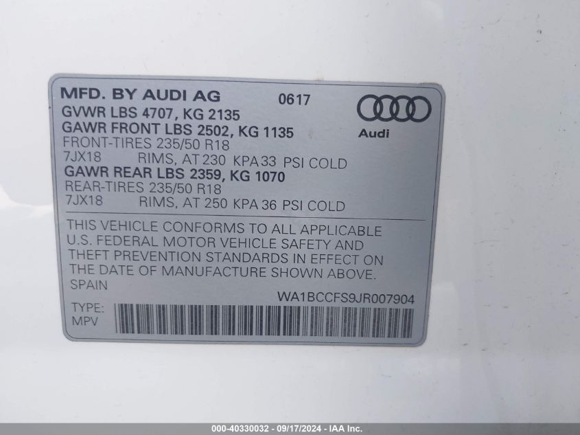 WA1BCCFS9JR007904 2018 Audi Q3 2.0T Premium/2.0T Sport Premium