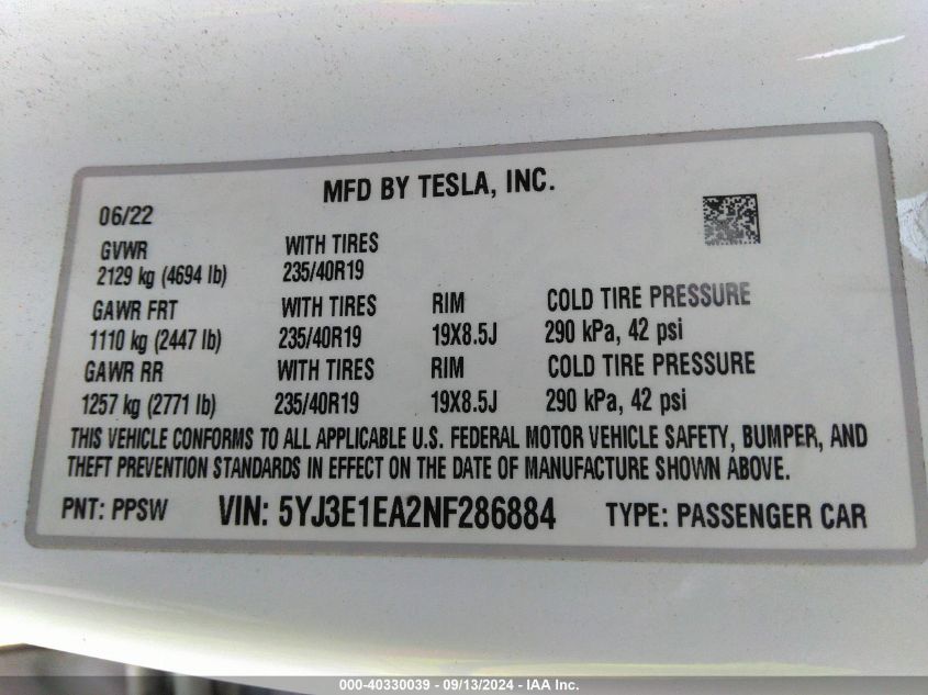 2022 Tesla Model 3 VIN: 5YJ3E1EA2NF286884 Lot: 40330039