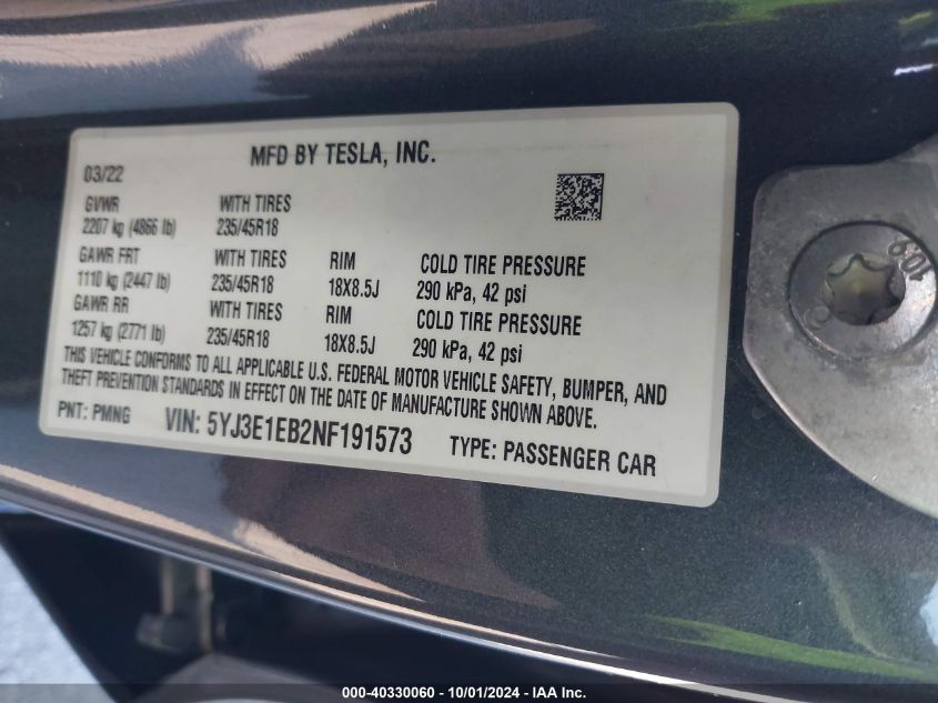 2022 Tesla Model 3 Long Range Dual Motor All-Wheel Drive VIN: 5YJ3E1EB2NF191573 Lot: 40330060