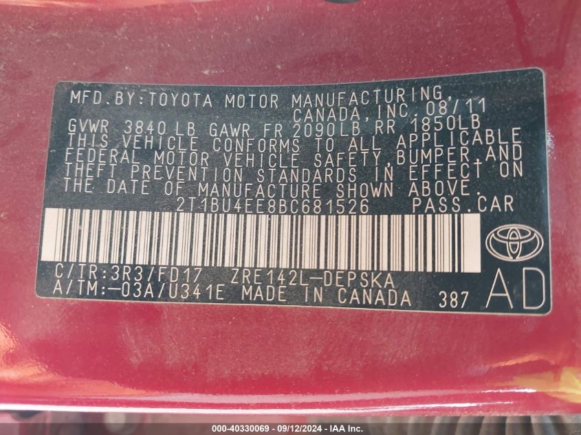 2011 Toyota Corolla S VIN: 2T1BU4EE8BC681526 Lot: 40330069