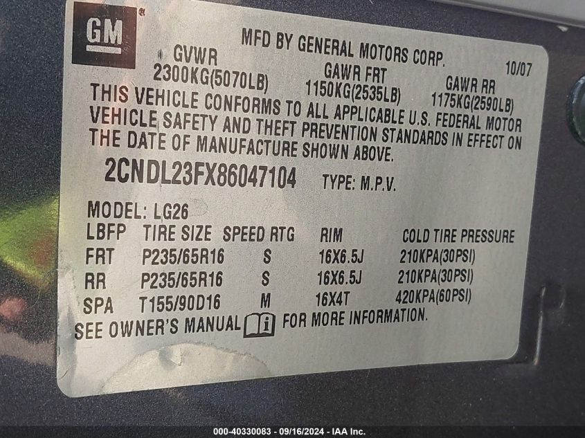 2CNDL23FX86047104 2008 Chevrolet Equinox Ls