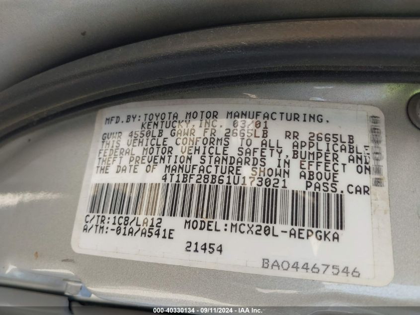 2001 Toyota Avalon Xls VIN: 4T1BF28B61U173021 Lot: 40330134