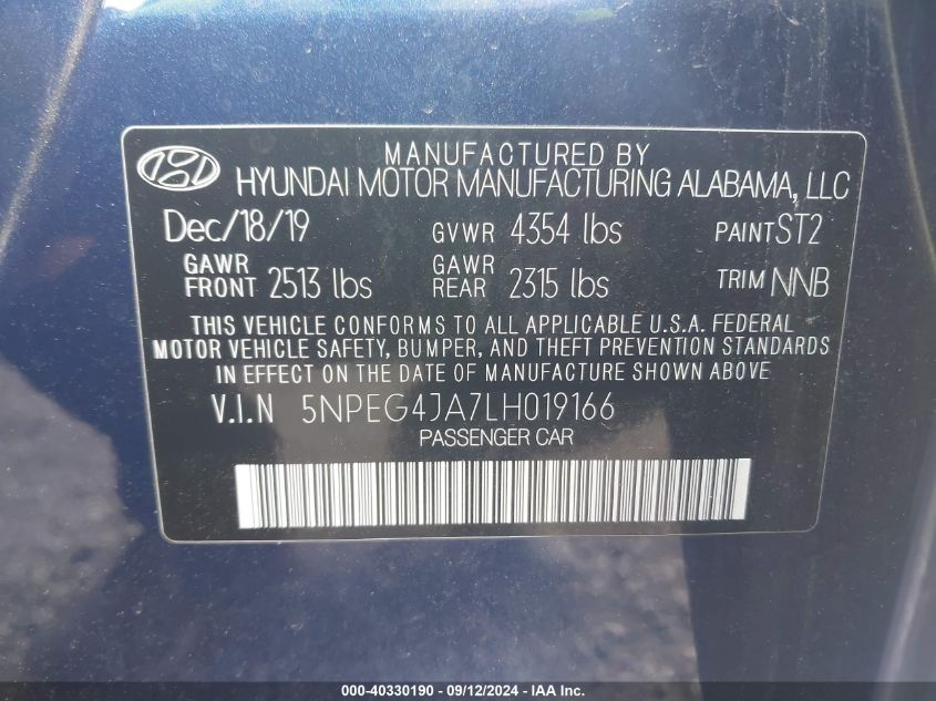 2020 Hyundai Sonata Se VIN: 5NPEG4JA7LH019166 Lot: 40330190