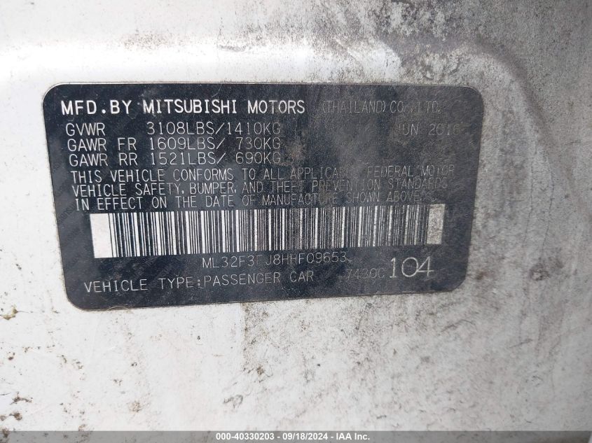 2017 Mitsubishi Mirage G4 Es VIN: ML32F3FJ8HHF09653 Lot: 40330203