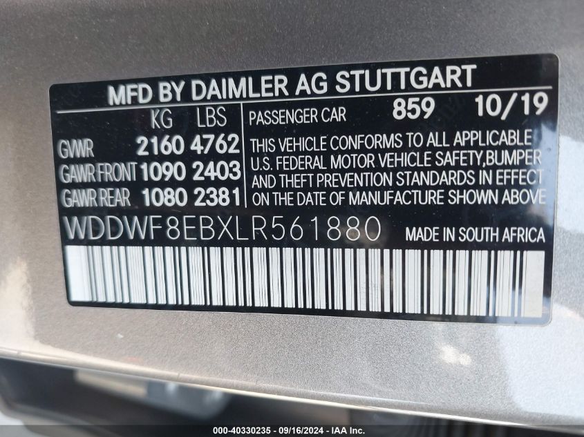 2020 Mercedes-Benz C 300 4Matic VIN: WDDWF8EBXLR561880 Lot: 40330235