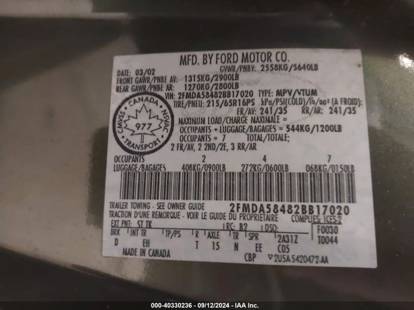 2FMDA58482BB17020 2002 Ford Windstar Limited