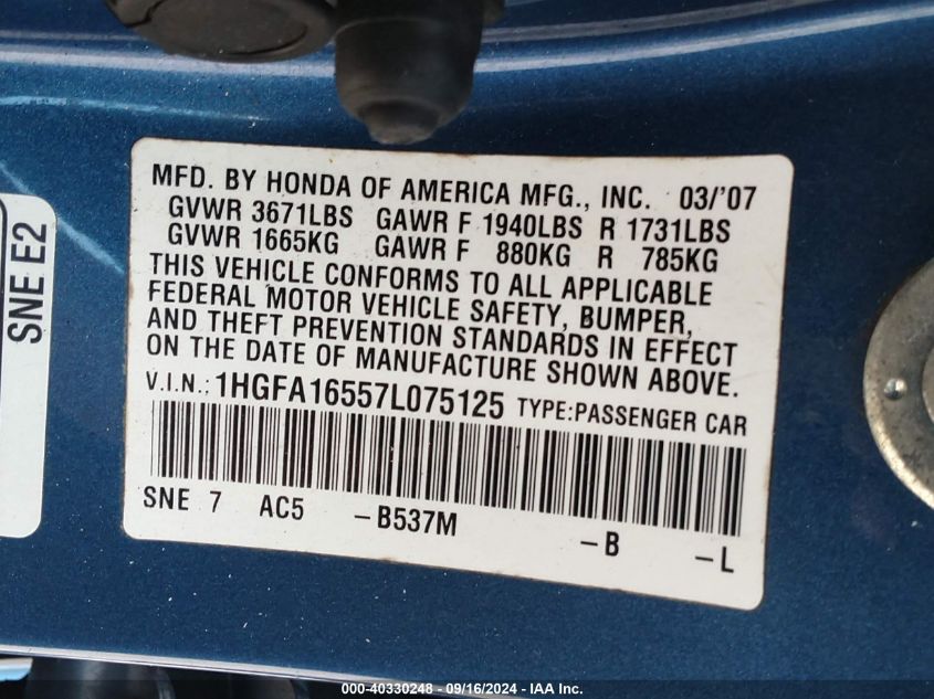 2007 Honda Civic Lx VIN: 1HGFA16557L075125 Lot: 40330248