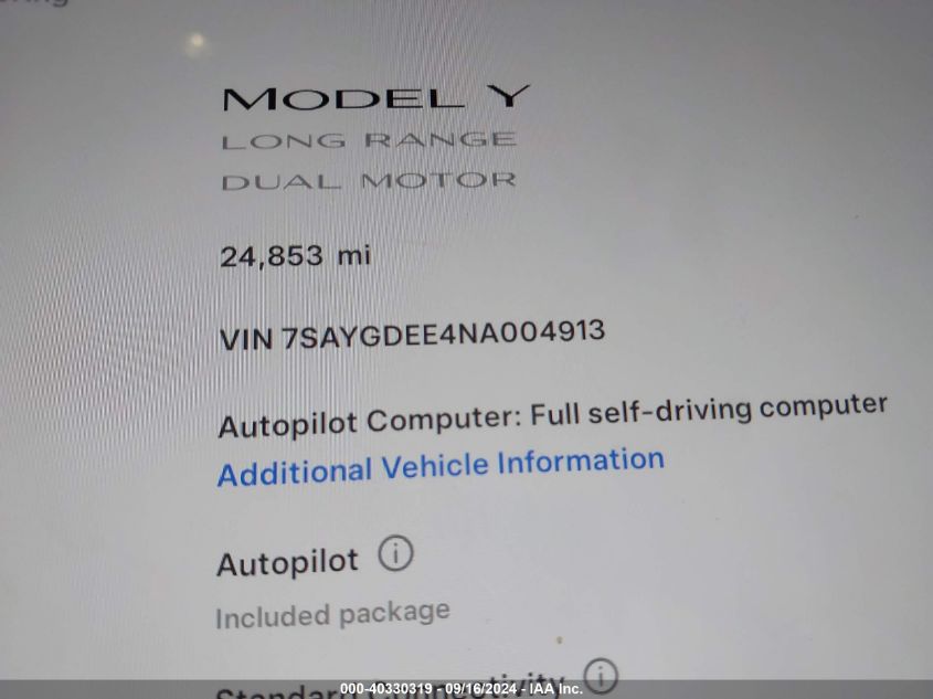 2022 Tesla Model Y Long Range Dual Motor All-Wheel Drive VIN: 7SAYGDEE4NA004913 Lot: 40330319