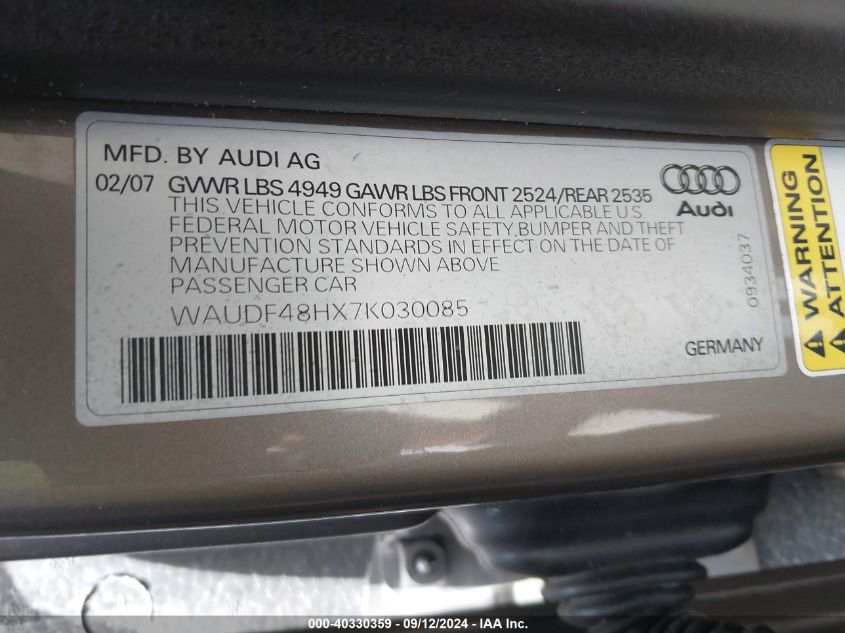 2007 Audi A4 2.0T Cabriolet Quattro VIN: WAUDF48HX7K030085 Lot: 40330359