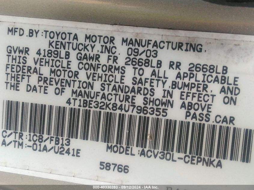 4T1BE32K84U796355 2004 Toyota Camry Le/Xle/Se