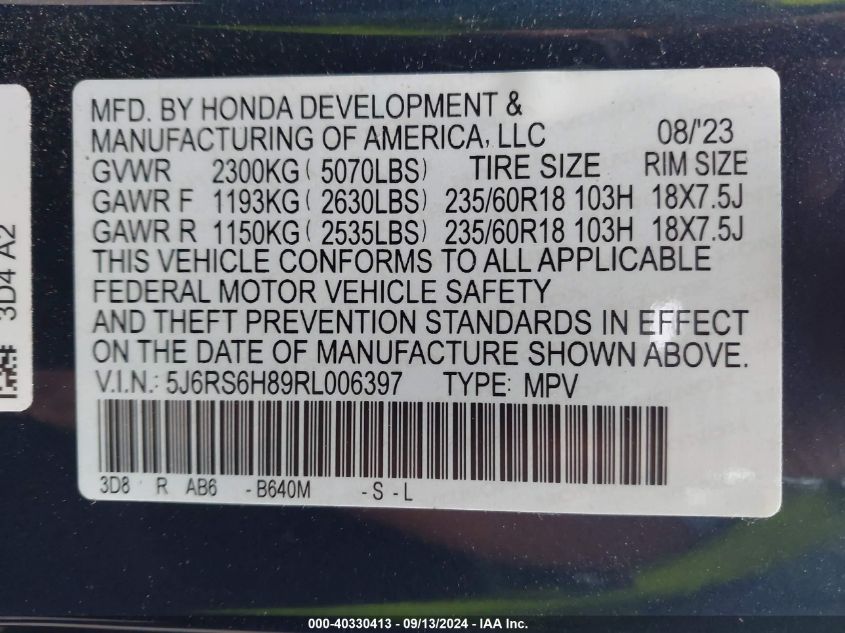 VIN 5J6RS6H89RL006397 2024 Honda CR-V, Hybrid Sport-L no.9