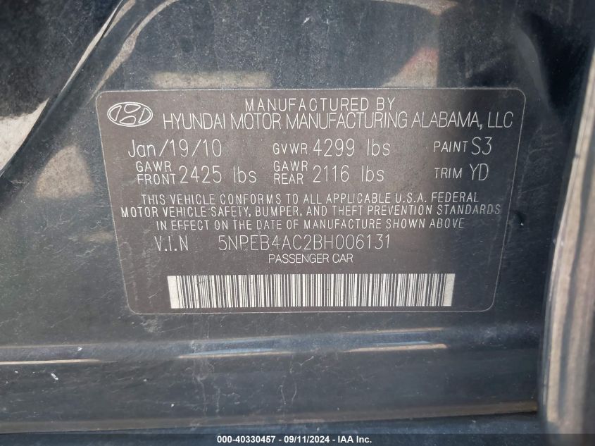 2011 Hyundai Sonata Gls VIN: 5NPEB4AC2BH006131 Lot: 40330457