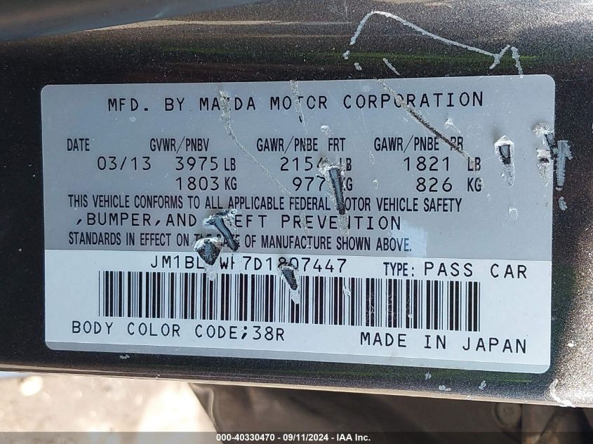 JM1BL1WP7D1807447 2013 Mazda Mazda3 I Grand Touring