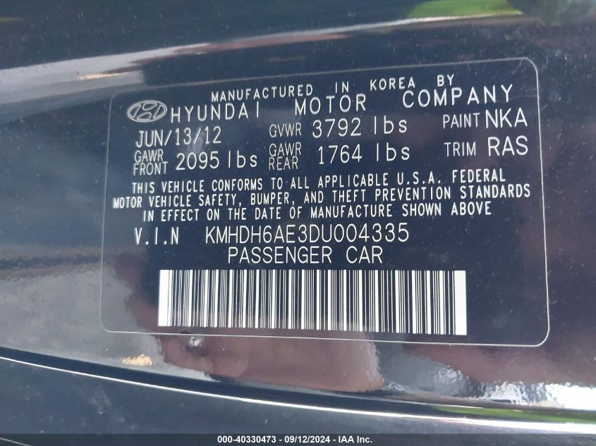 KMHDH6AE3DU004335 2013 Hyundai Elantra Gs/Se