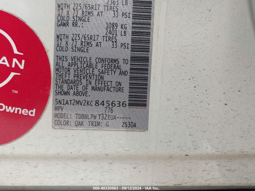 VIN 5N1AT2MV2KC845636 2019 NISSAN ROGUE S