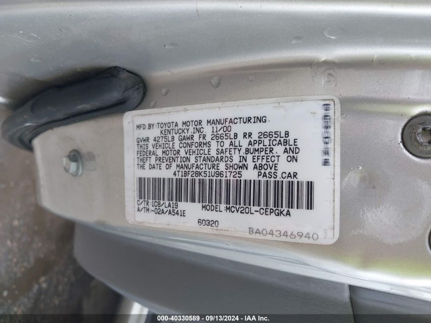 4T1BF28K51U961725 2001 Toyota Camry Xle V6