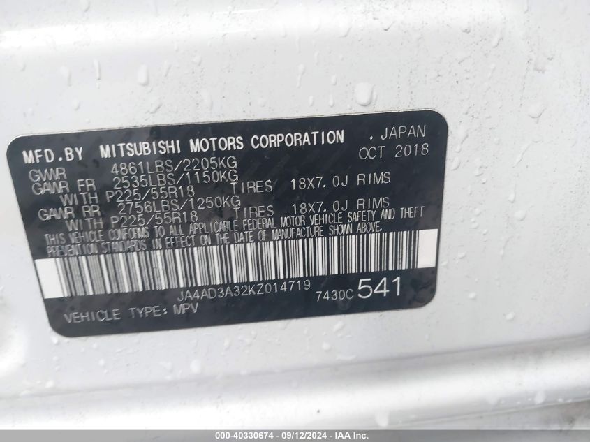 2019 Mitsubishi Outlander Se VIN: JA4AD3A32KZ014719 Lot: 40330674