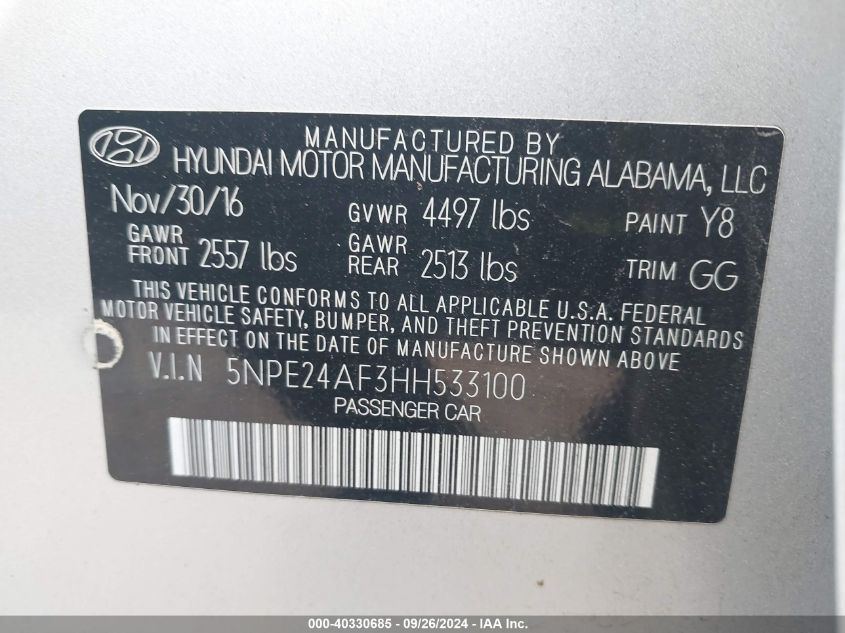 5NPE24AF3HH533100 2017 Hyundai Sonata