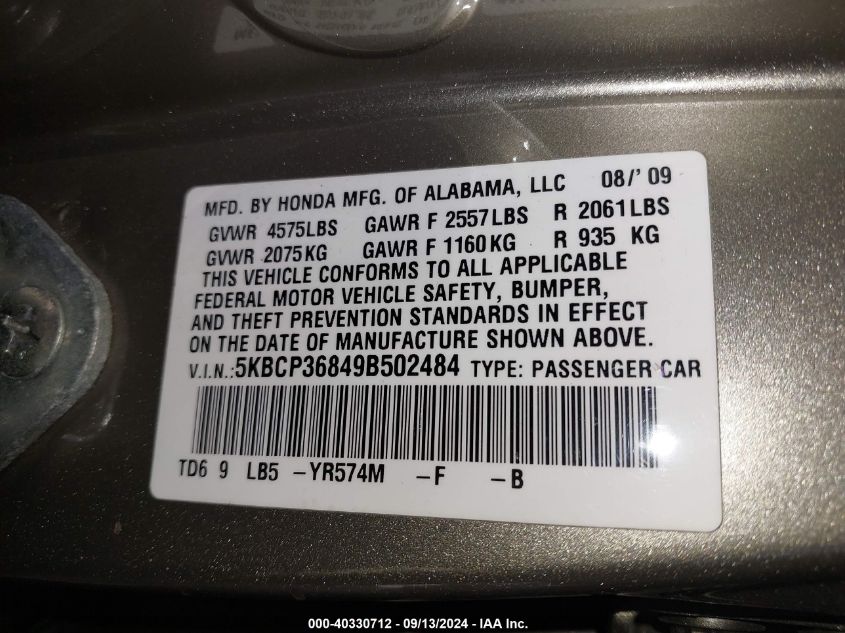 5KBCP36849B502484 2009 Honda Accord 3.5 Ex-L