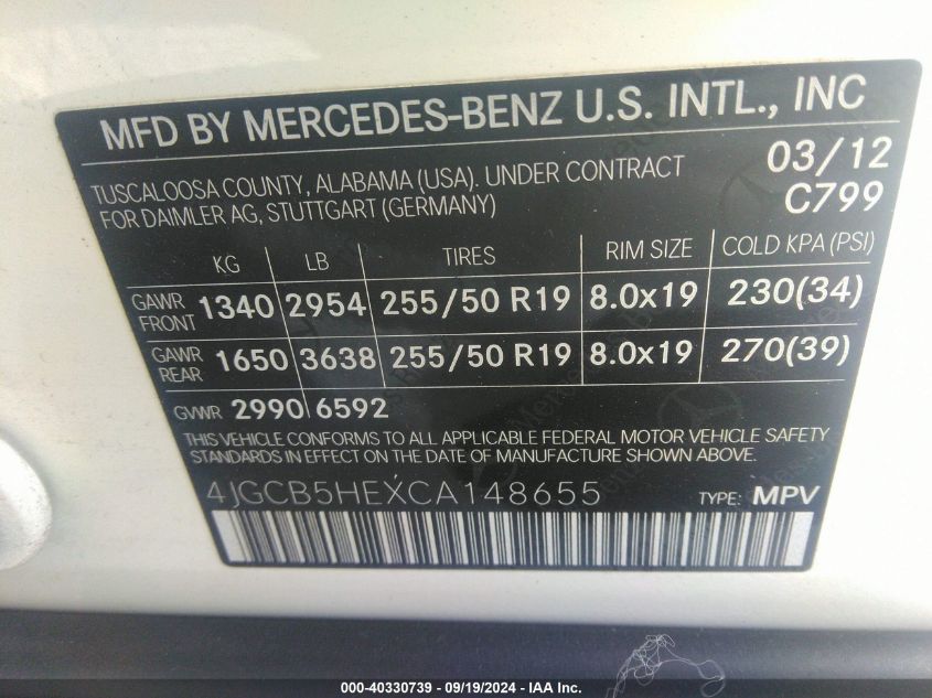 4JGCB5HEXCA148655 2012 Mercedes-Benz R 350 4Matic