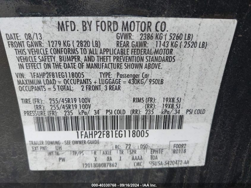 2014 FORD TAURUS LIMITED - 1FAHP2F81EG118005