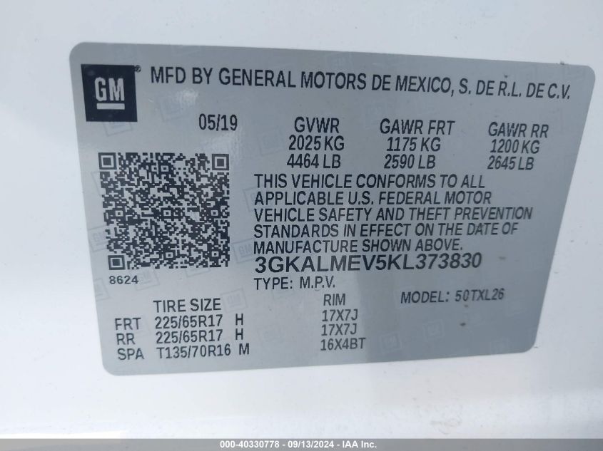 2019 GMC Terrain Sle VIN: 3GKALMEV5KL373830 Lot: 40330778