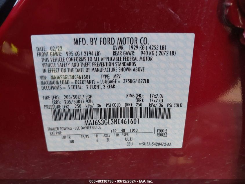 MAJ6S3GL3NC461601 2022 Ford Ecosport Se