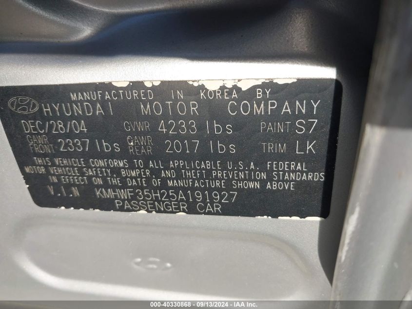 2005 Hyundai Sonata Gls/Lx VIN: KMHWF35H25A191927 Lot: 40330868