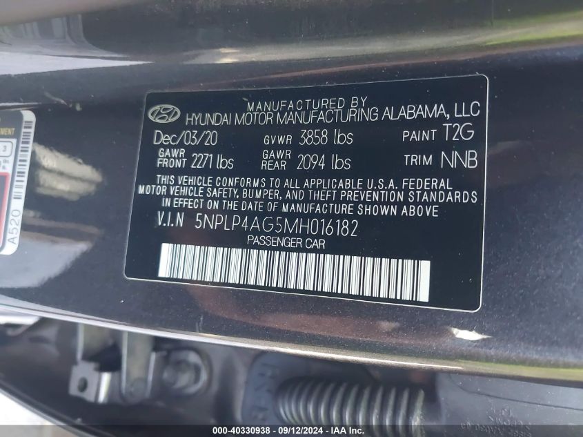 2021 Hyundai Elantra Limited VIN: 5NPLP4AG5MH016182 Lot: 40330938