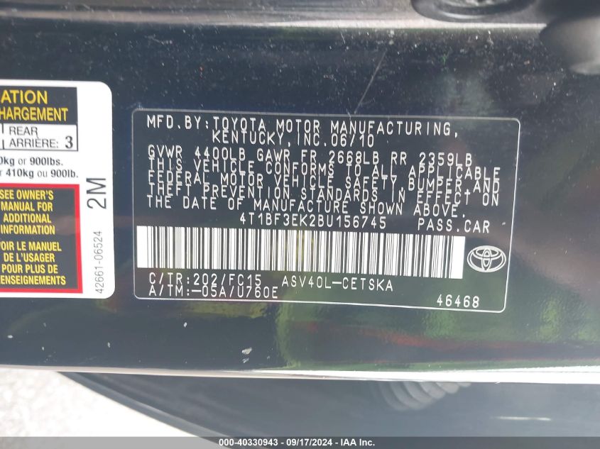 4T1BF3EK2BU156745 2011 Toyota Camry Se/Le/Xle