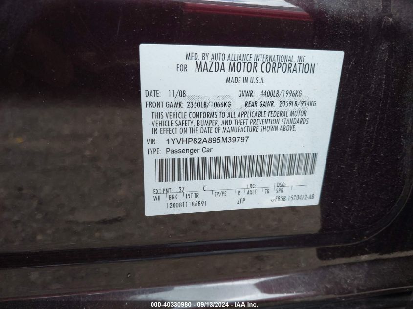 1YVHP82A895M39797 2009 Mazda Mazda6 I Touring